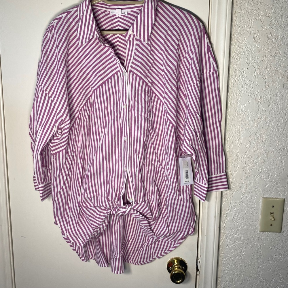 Westbound Womens Purple White Striped Front Tie Button Up Shirt Large New